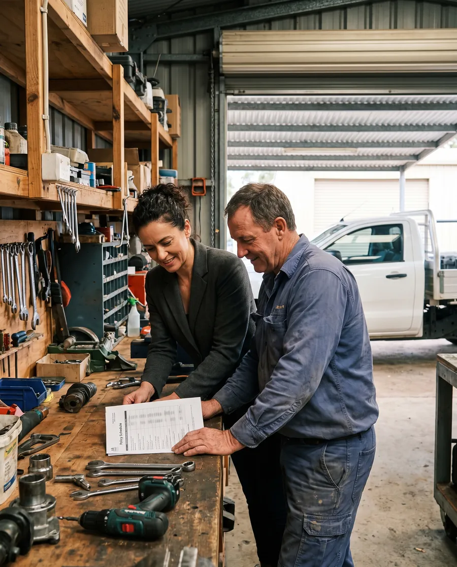 Rosa Mancini and a client in his workshop, going through his policy schedule on the workbench