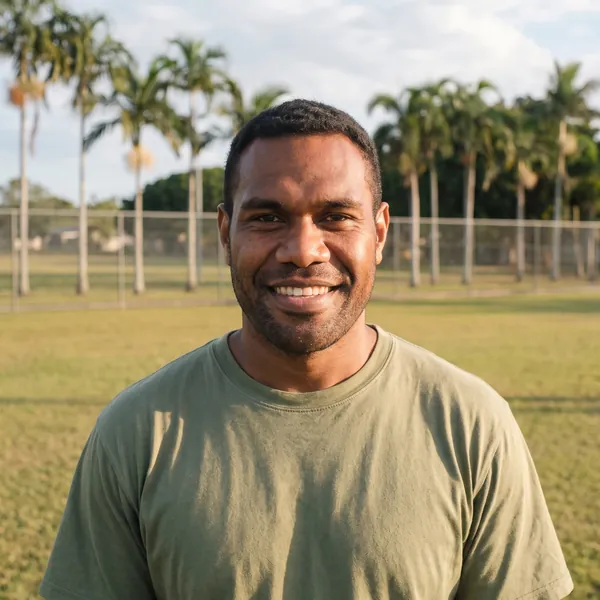 Josefa Naivalu, smiling, in an olive t-shirt on a grass oval with palm trees behind.