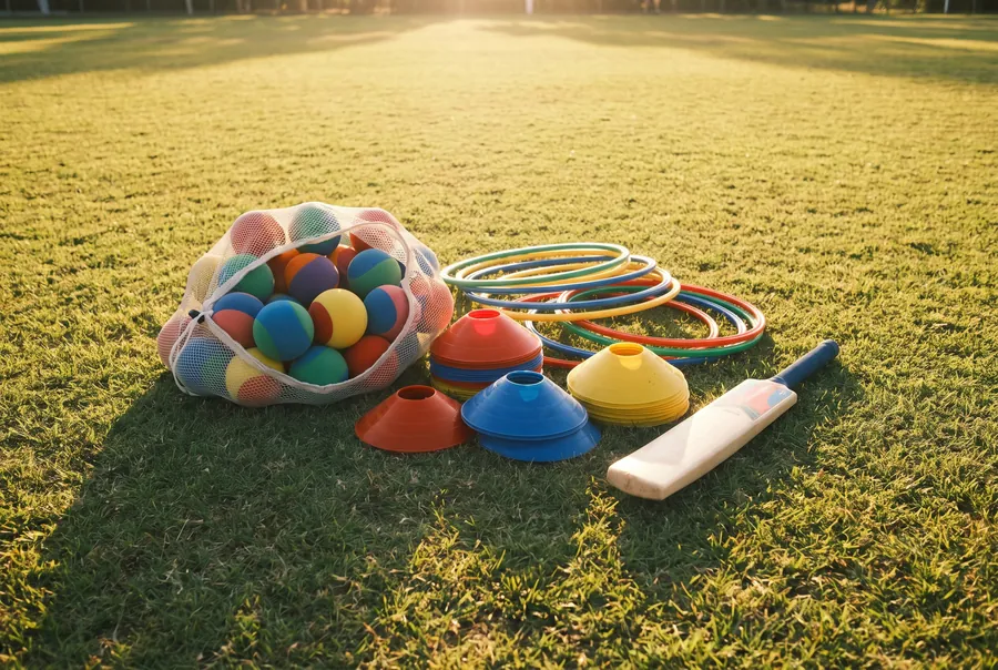A mesh bag of soft, multicoloured balls, stacked marker cones, plastic hoops and a short cricket bat on the grass in late afternoon sun.