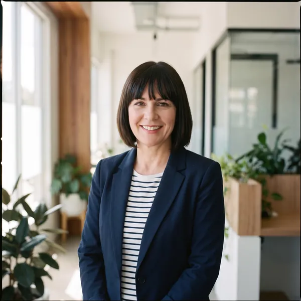 Claire Ellery, smiling, in a navy blazer and striped top, standing in the office with plants and a glass meeting room behind her.