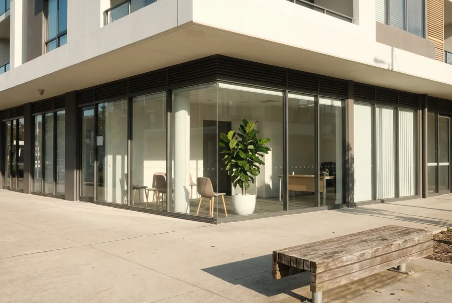 A glass-fronted ground-floor office on a corner, with a fiddle-leaf fig, a few chairs and a desk inside, and a timber bench on the footpath out front.