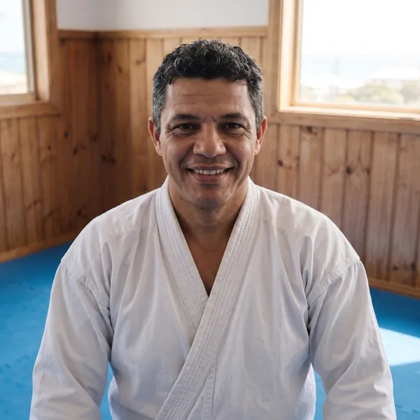 Rafael Costa in his white karate uniform, smiling, in the dojo.