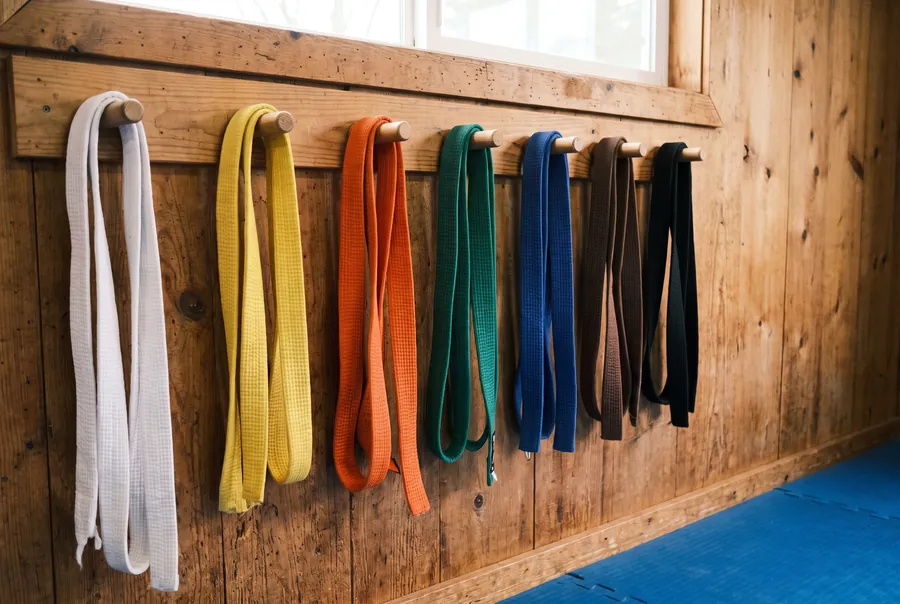 The belt rack on the dojo’s timber wall: white, yellow, orange, green, blue, brown and black belts, each on its own peg.