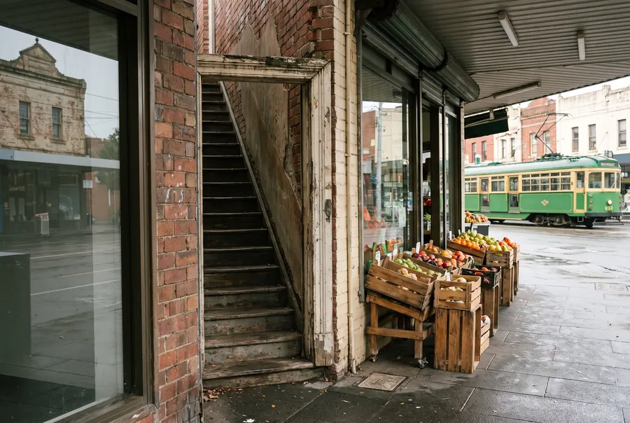 A narrow doorway with stairs up to the first floor, beside a fruit shop with crates out the front, and a green tram passing on the street