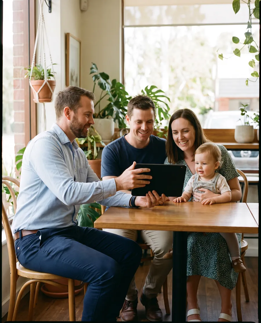 Ben Carter, in a light blue shirt, at a round cafe table showing a young couple something on a tablet. The woman has their toddler on her lap, and all three adults are smiling.