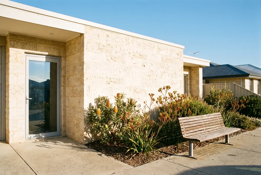 A pale limestone office building with a glass door, banksias and kangaroo paw in the garden bed, and a timber bench out the front.