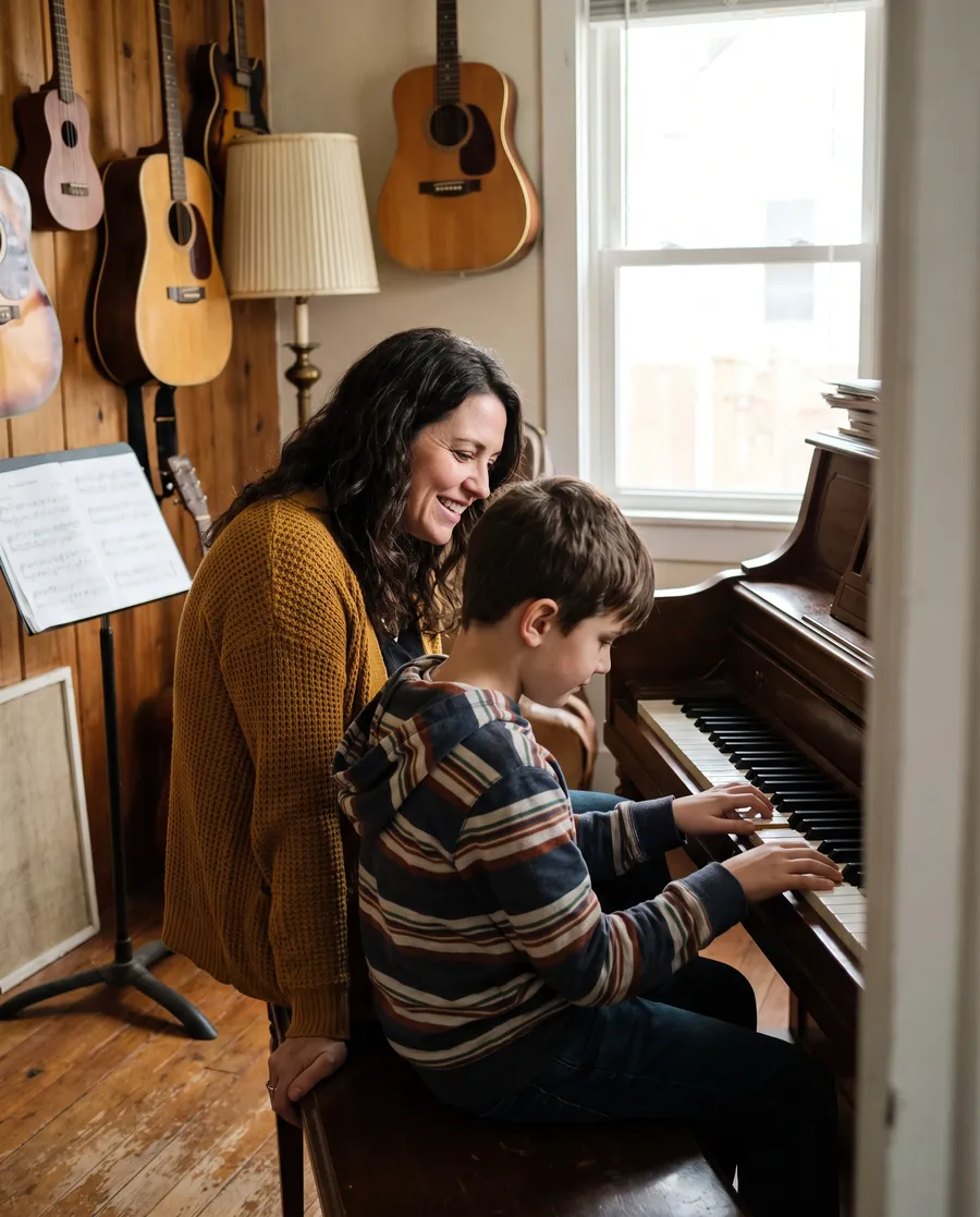 Gina Marino smiling beside a young student as he plays the upright piano, guitars hanging on the timber wall behind them.