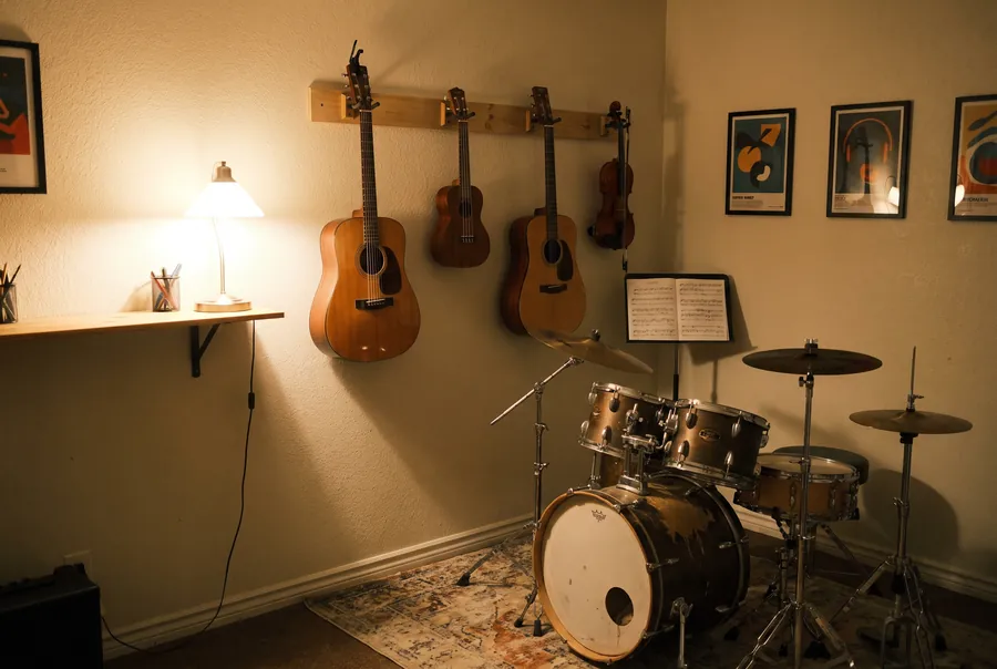 Room 2: acoustic guitars and a violin hanging on a timber rail above a drum kit, with a lamp on a shelf.