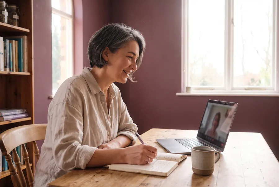 Alex smiling at a laptop during a video consult, notebook open on the table