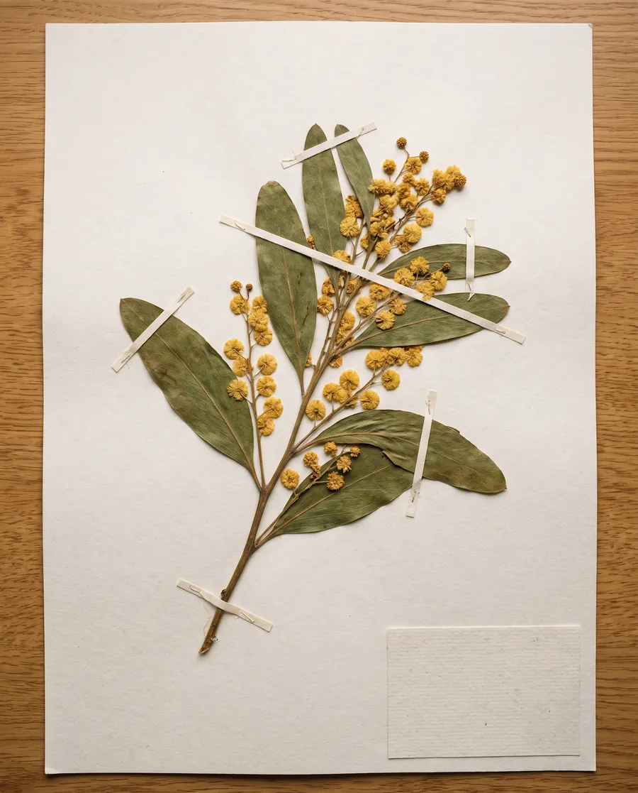 A sprig of golden wattle pressed on herbarium paper, held down with paper strips
