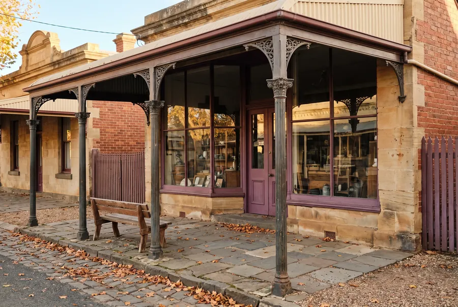 The shopfront at 52 Mostyn Street: a sandstone building with a plum door under an iron verandah, a bench out front