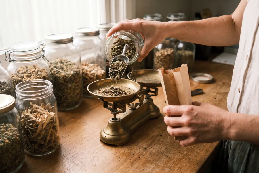 Hands weighing dried herbs on a brass scale beside a row of glass jars, a paper bag ready