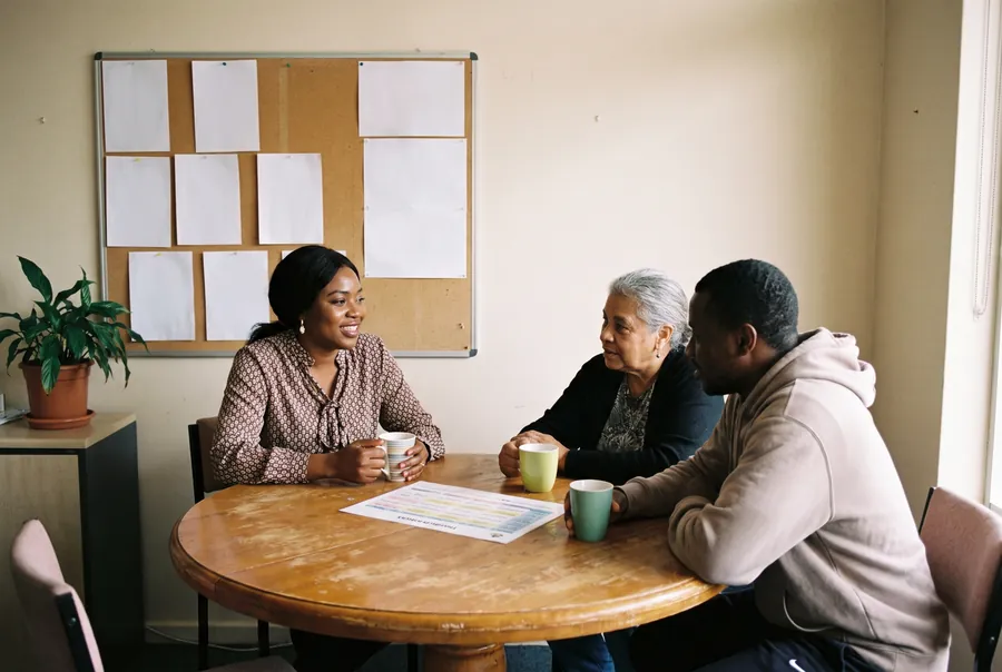 Ngozi at a round table with a mum and her adult son, going over a weekly timetable with cups of tea.
