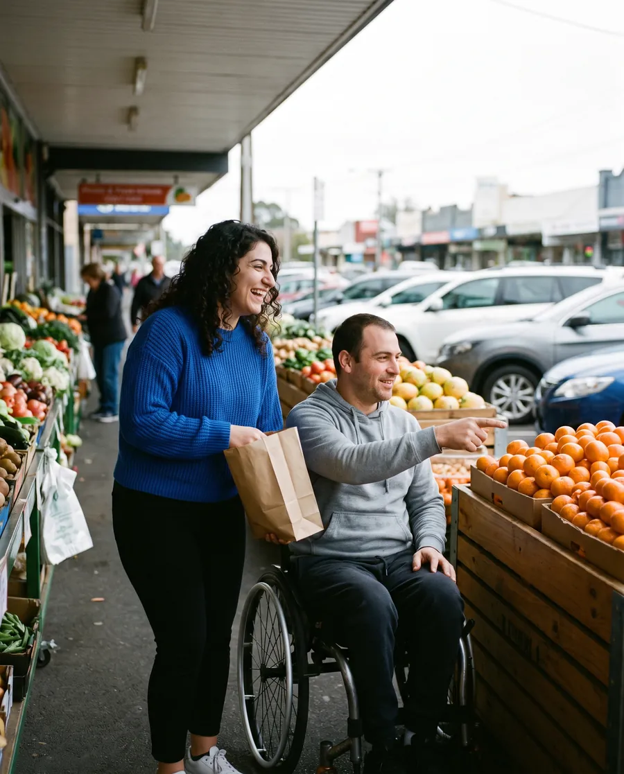 Eleni laughing with Marco, who uses a wheelchair, as he points out the oranges he wants at a fruit shop.
