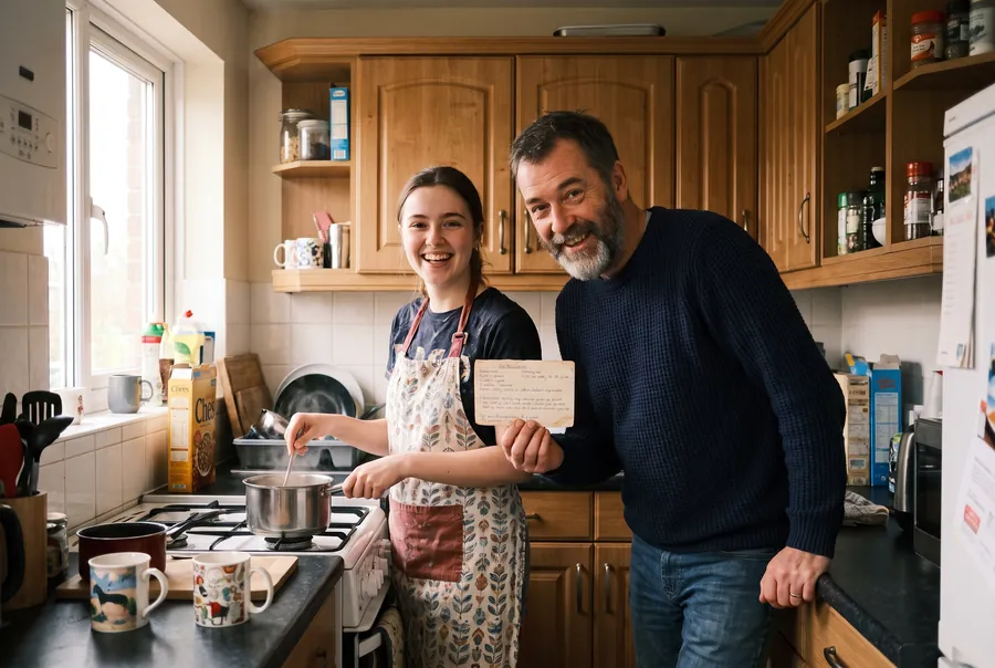Kayla stirring a pot in her own kitchen while Dan holds her handwritten recipe card, both laughing.