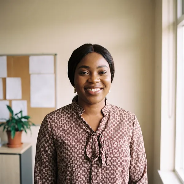 Ngozi, smiling, in the Marrinook office on Prospect Road.
