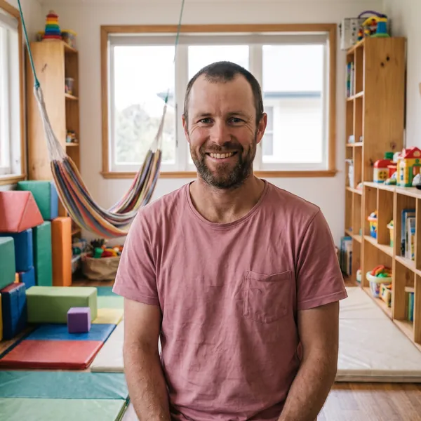 Callum Reid smiling, in front of the play room’s soft blocks and hammock swing.