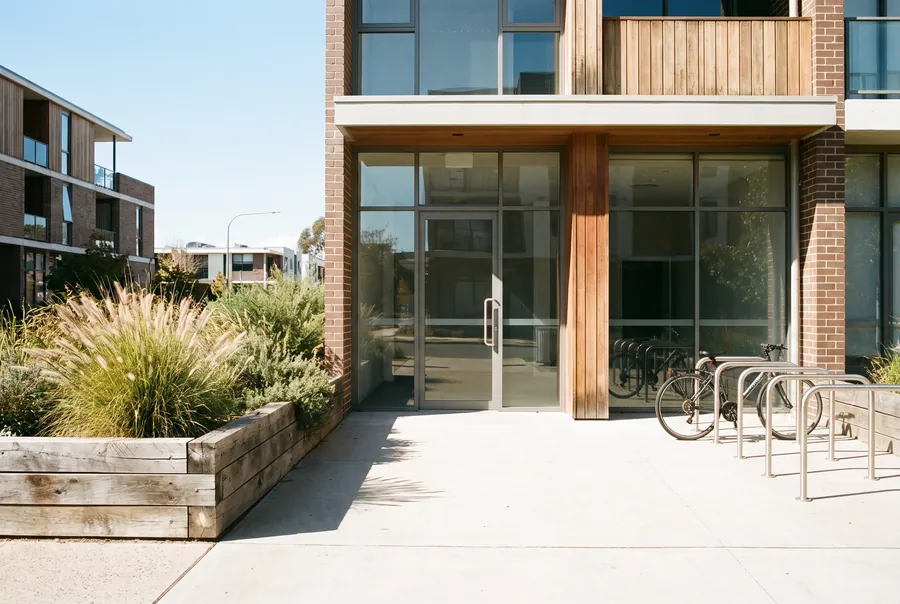 The clinic’s glass entrance in a brick and timber building, level with the wide concrete footpath, with native grasses in a timber planter and bike racks out the front.