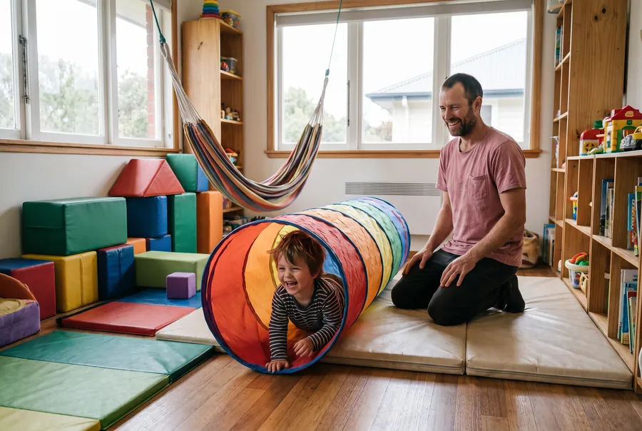Callum, in a pink T-shirt, kneels on a mat laughing as a small boy crawls out of a rainbow play tunnel, with soft blocks and a hammock swing behind them.