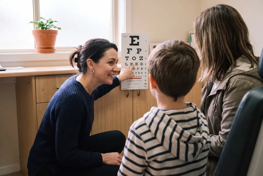 Hannah crouches beside a boy, seen from behind, and points to the letter chart while his mother watches.