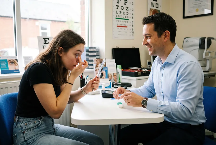 Daniel watches a young woman put in a contact lens for the first time, a mirror and lens case on the table between them.
