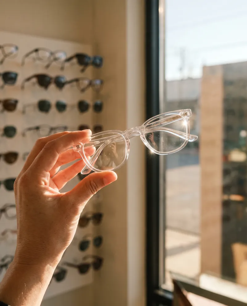 A clear acetate frame held up to the light from the shop window, the frame wall behind it.