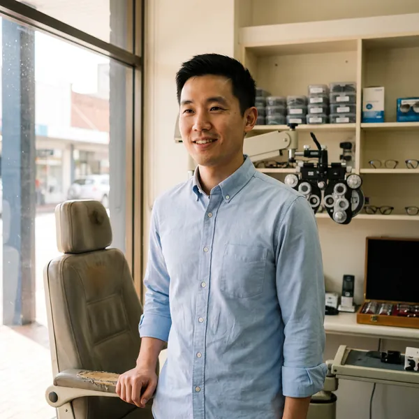 Daniel Cho in a light blue shirt in a consulting room, the test equipment behind him.