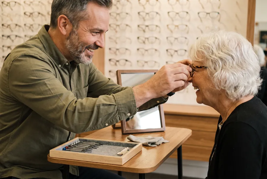 Greg Hollis settles a pair of glasses on an older woman at the fitting table, the frame wall behind them.
