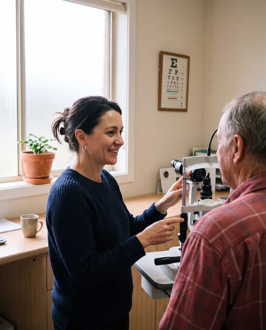 Hannah Lowe smiles as she talks an older man through his eye test at the slit lamp.