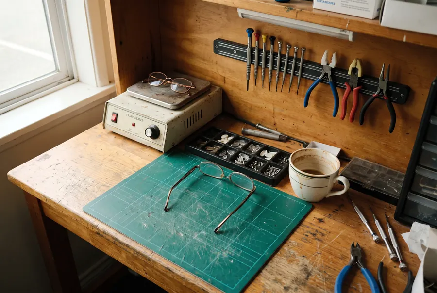 The repair bench by the window: small screwdrivers on a magnetic strip, a frame heater and a tray of spare parts.
