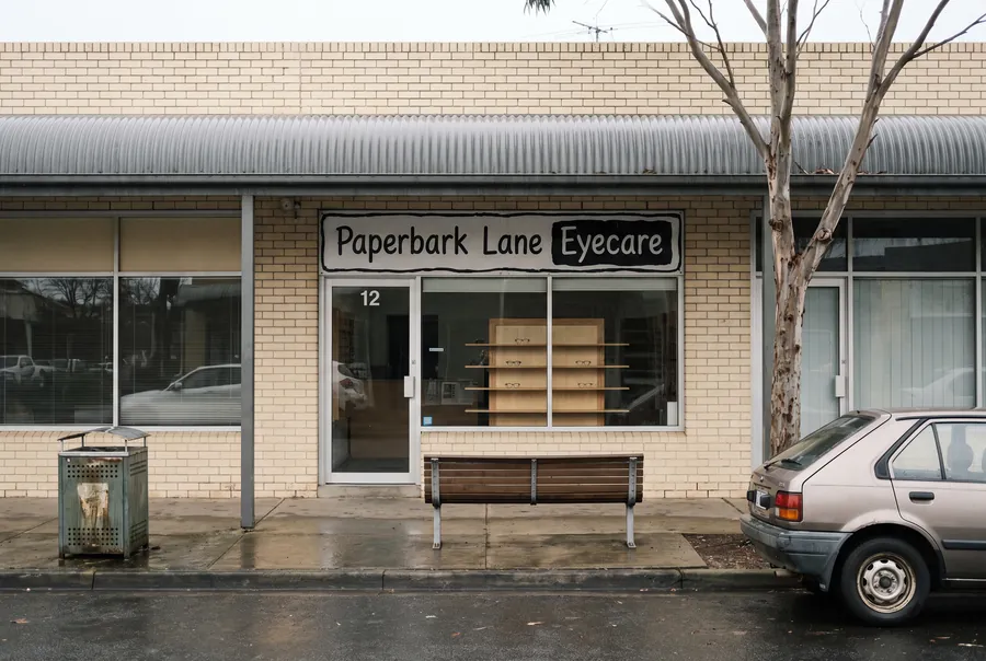 The shopfront at number 12 with its Paperbark Lane Eyecare sign, a bench and a gum tree on the footpath.