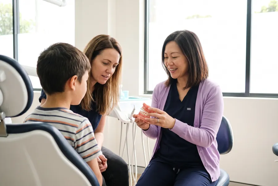 Dr Mei Tan holds up a model of teeth for a boy, seen from behind, and his mum.