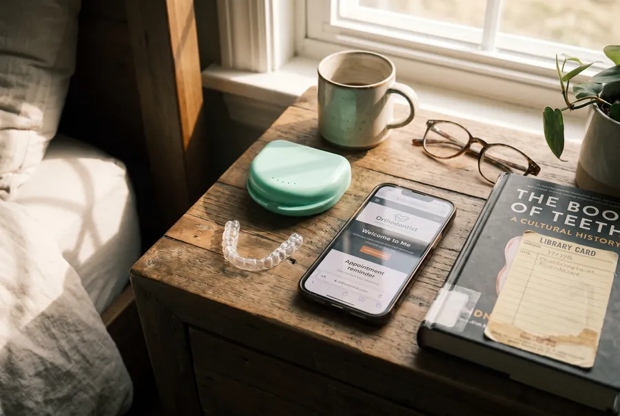 A clear retainer next to its mint case on a bedside table.
