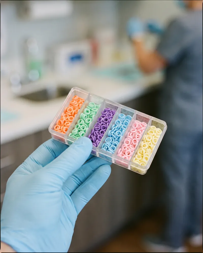 A gloved hand holds a tray of elastic bands in tangerine, mint, grape, sky, pink and lemon.
