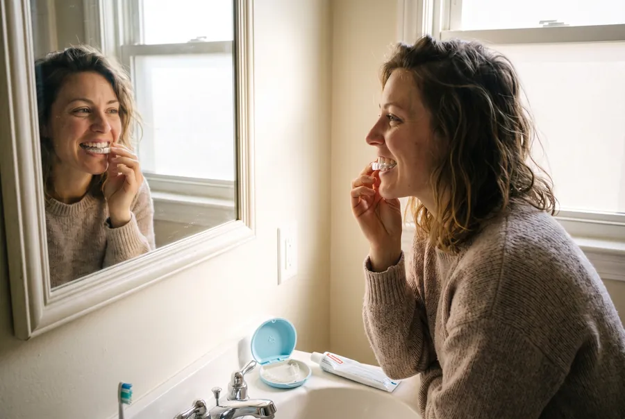 A woman smiles at her bathroom mirror as she puts in a clear aligner.