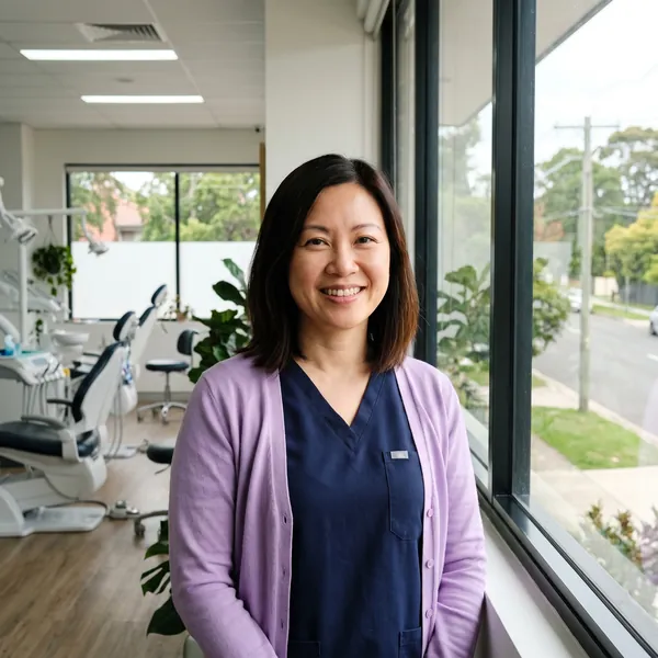 Dr Mei Tan in navy scrubs and a lilac cardigan, in the treatment room.
