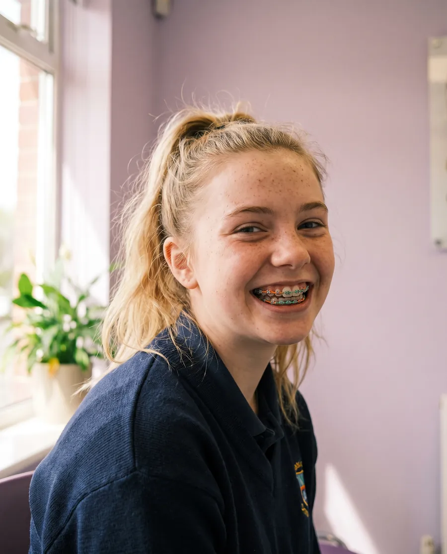 Ruby laughing in the waiting room, her braces tied with tangerine and mint bands.