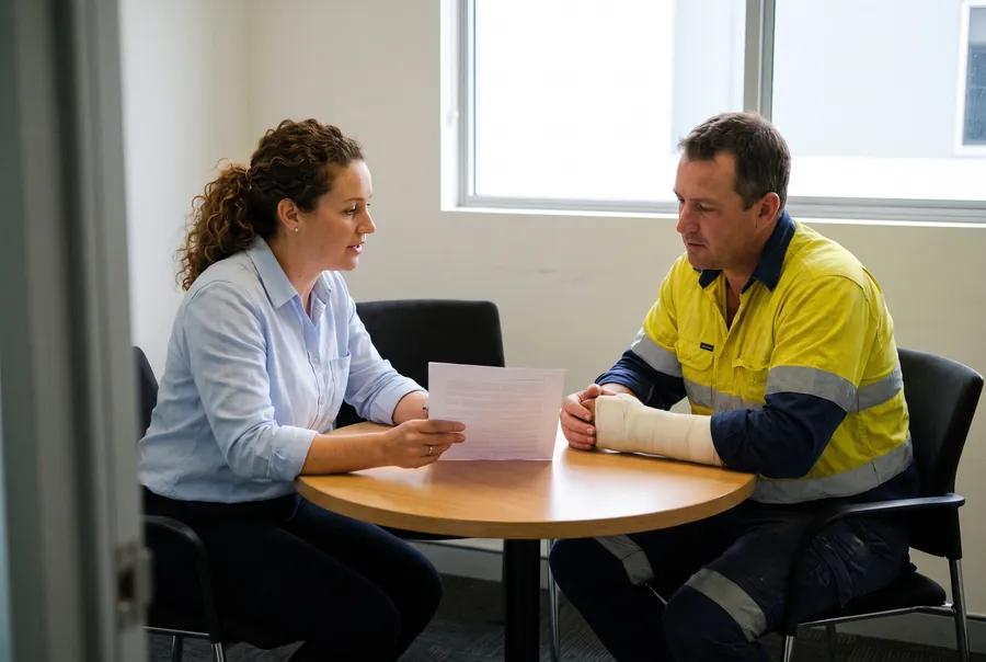 Megan Sutter at a small round table, going through a page with a man in a hi-vis work shirt whose forearm is in a cast