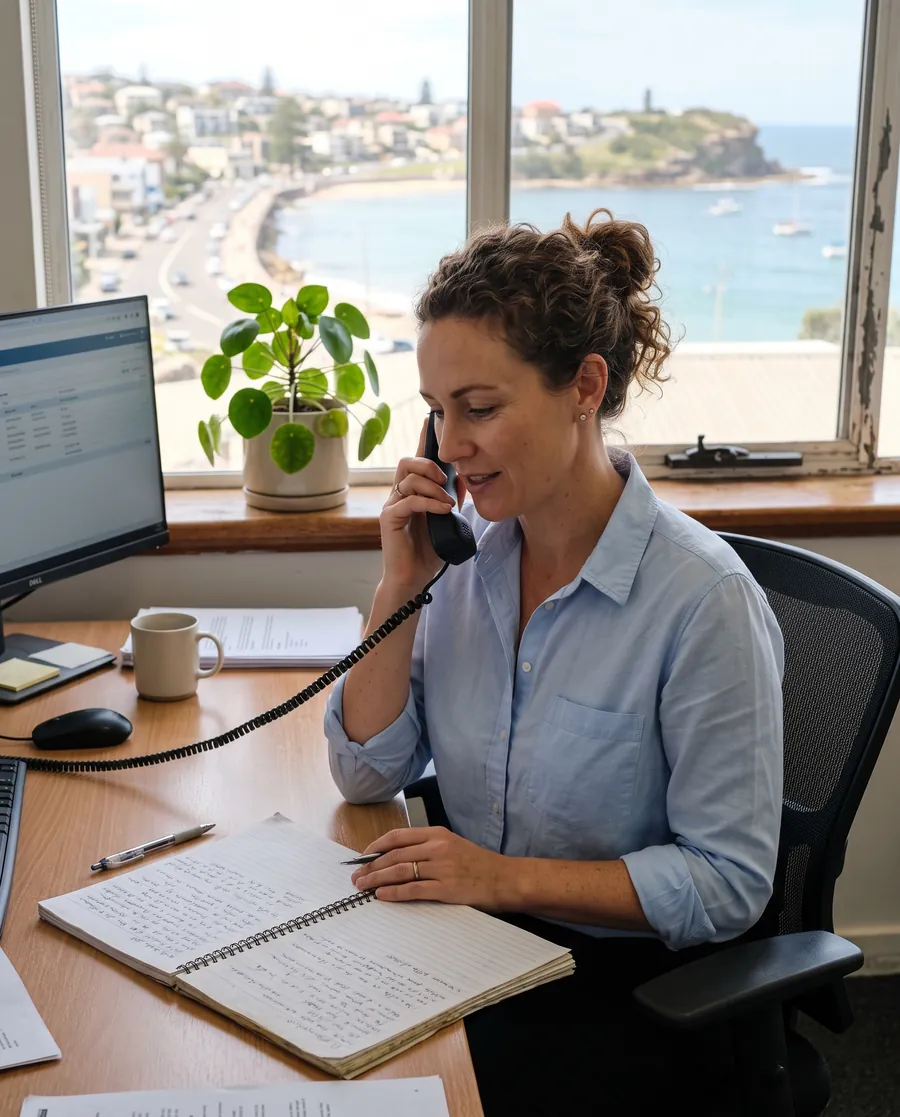 Megan Sutter at her desk by a window over the coast, on the phone and taking notes on a notepad