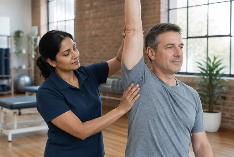 Priya, our principal physio, checking a patient's shoulder movement in the clinic