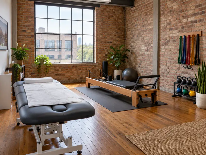 Inside the clinic: treatment table, Pilates reformer and rehab area with big windows