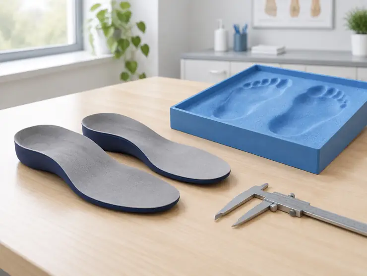 A pair of custom orthotics beside a foam impression box