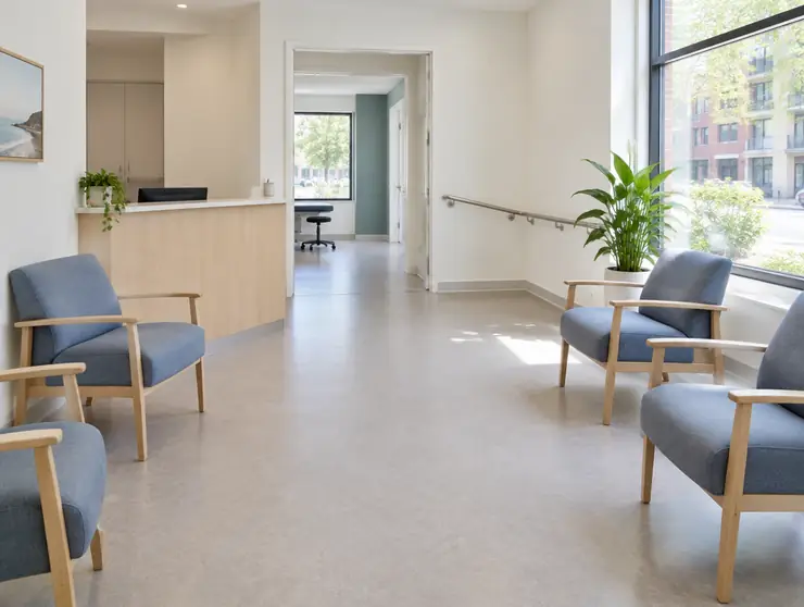 Our waiting room, with wide clear floor space and chairs with armrests