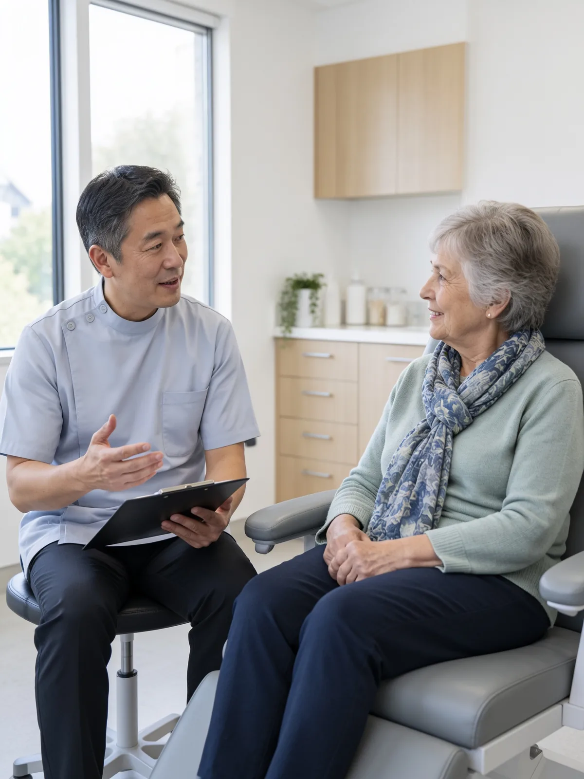 Daniel Cheng, Podiatrist, talking with a patient in one of our treatment rooms