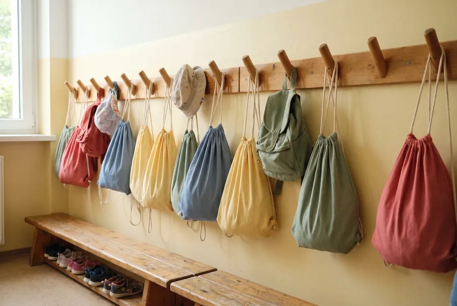 A row of wooden coat hooks inside the kindy door, with drawstring bags and a sun hat hanging above a low bench.