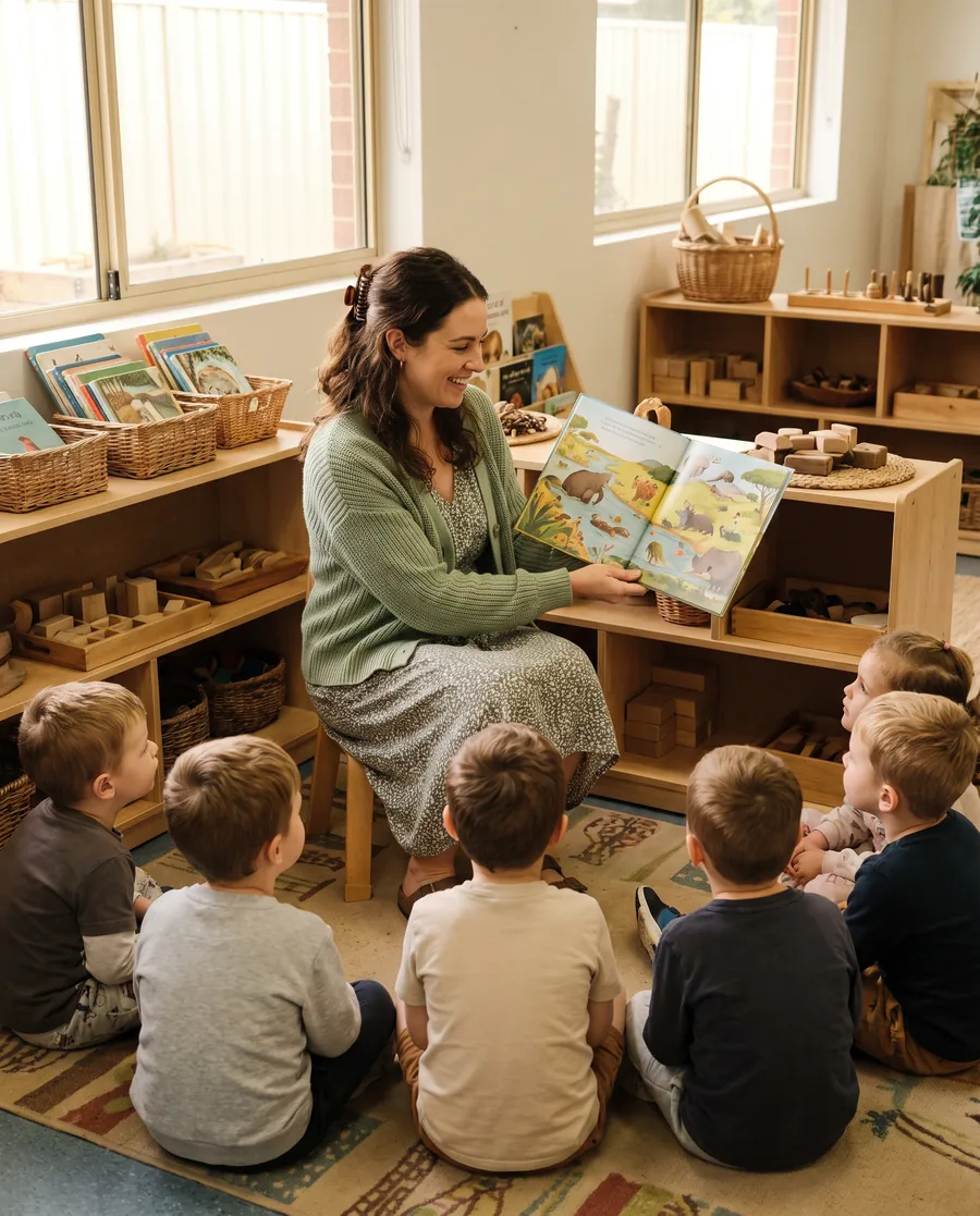 Carmen Ruiz, the kindy teacher, smiling as she holds up a picture book for a group of children sitting on the mat.