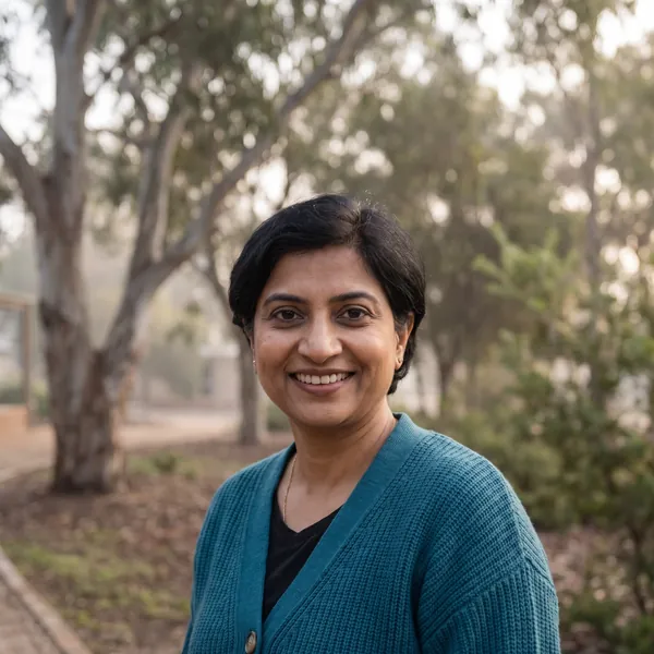 Anita Rao, principal, smiling, outdoors among gum trees.