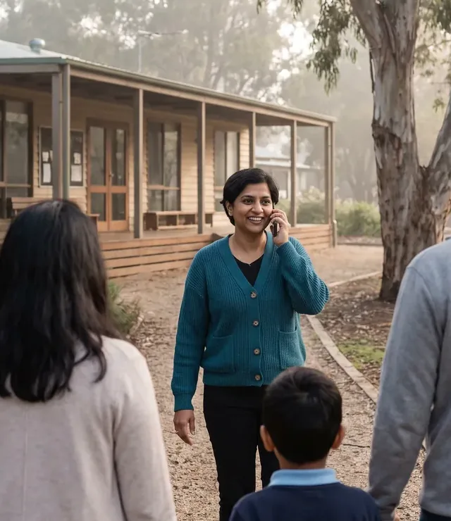Anita Rao, the principal, smiling as she walks out along the gravel path from the verandah to meet a mother, father and their son.