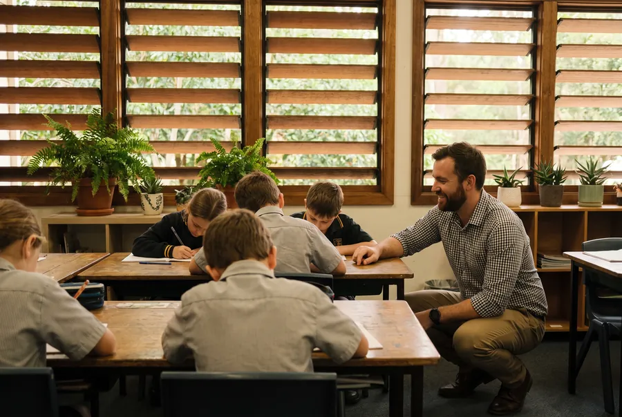 Lachlan Reid crouching beside a table of Year 3 children, smiling as he looks at a student’s work, in a classroom with timber louvres and ferns on the sill.