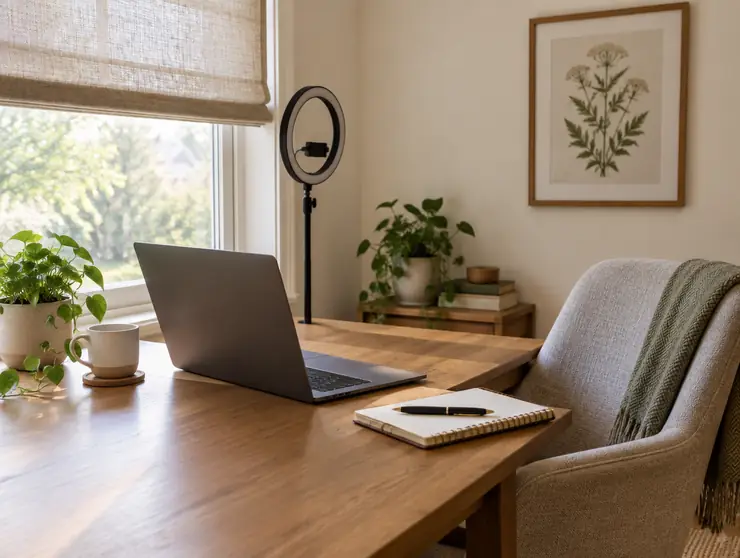 A desk set up for video sessions